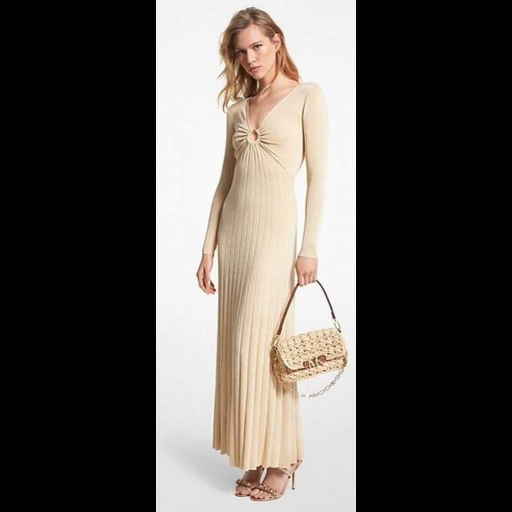 Michael Kors Gold Glittery Long Sleeve Dress With Cutouts Size Large